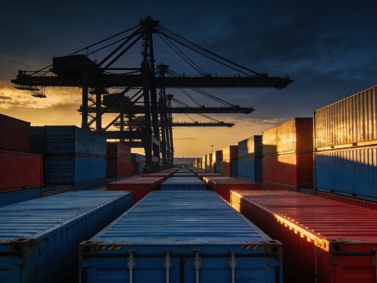 Container shipping yard at dusk with gantry cranes