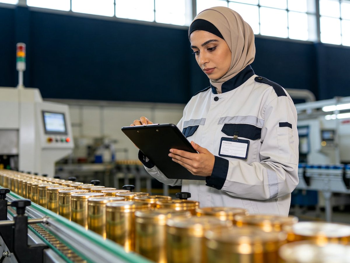 Quality inspector examining goods on a modern production line